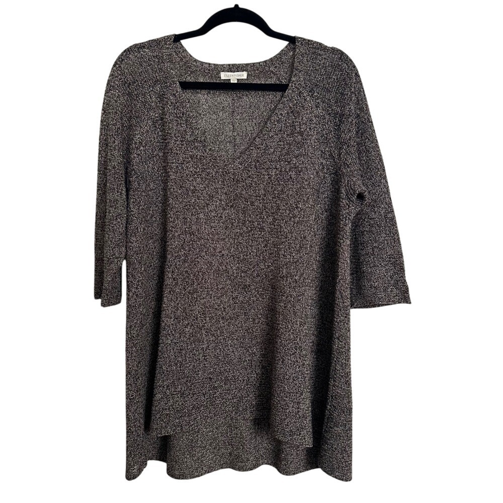 Eileen Fisher 100% Linen Marled Knit V-Neck Tunic Sweater Large Brown Grey - L